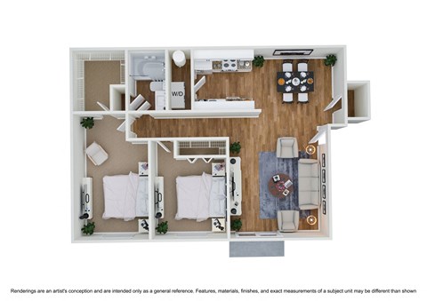 Floor plan for 2 beds, 1 bath, 980 sqft